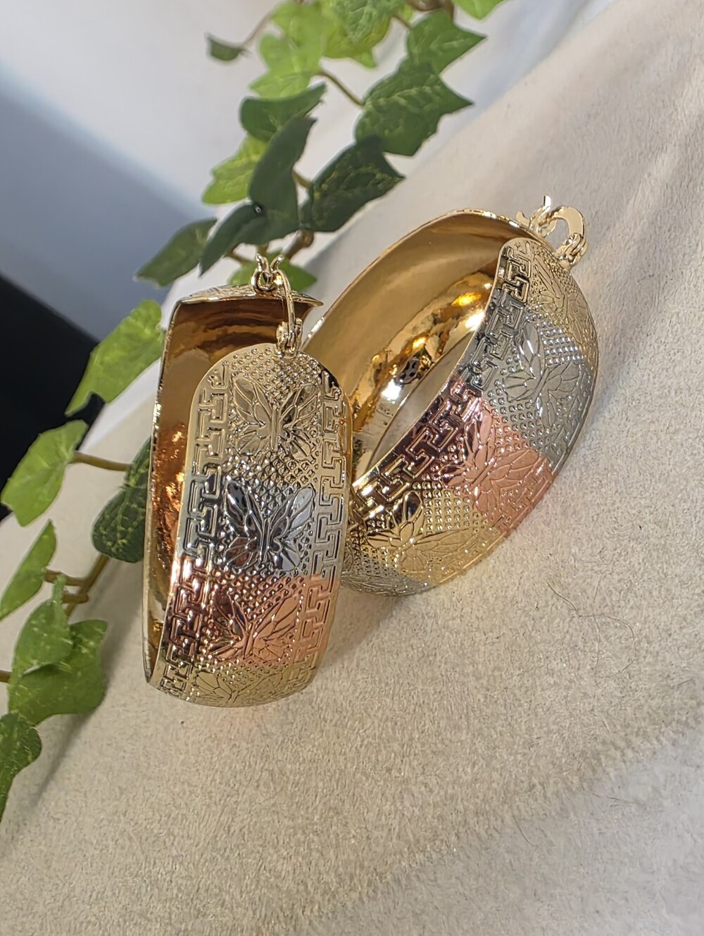 ​Gold Filled Tri Tone Butterfly Wide Hoop Earrings Textured Etched Greek Key